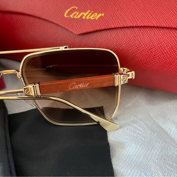 Cartier Wooden Temple Brown Square Sunglasses - Picture 6 of 9